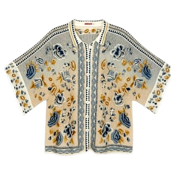 Johnny Was Embroidered Floral Minerva Blouse Blue Cream Boho XS - Picture 1 of 10